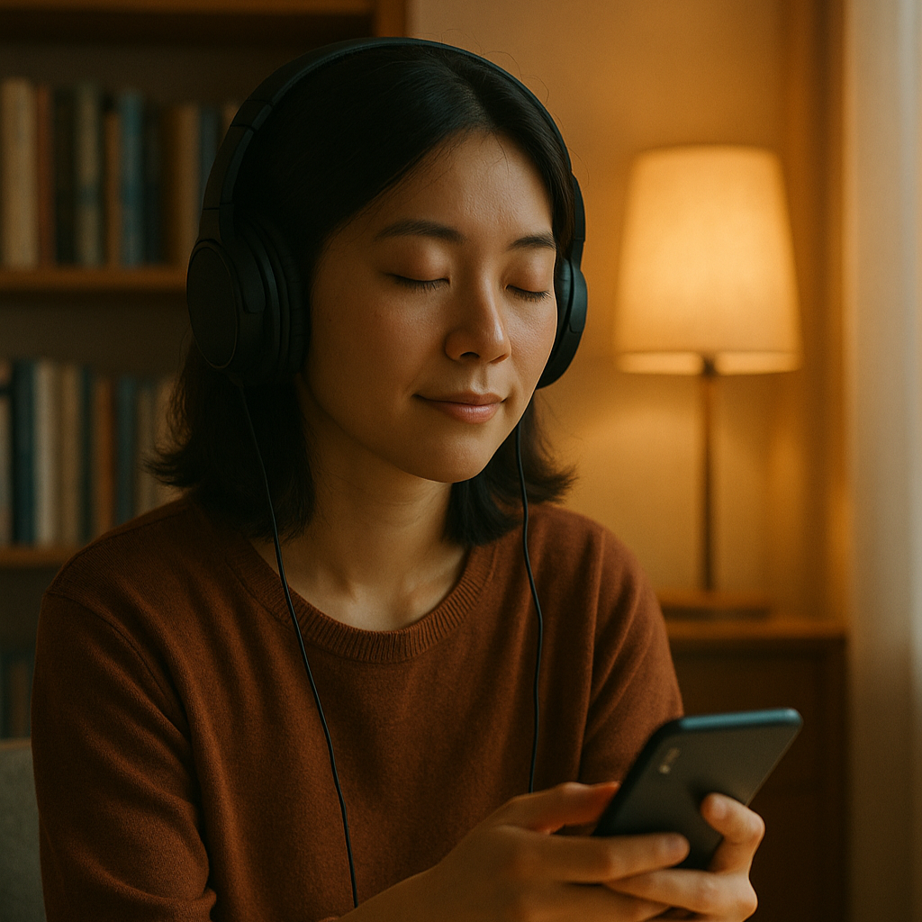 ヘッドフォンでオーディオブックを聴きながら、自己成長と気づきを得ている人物の静かなシーン