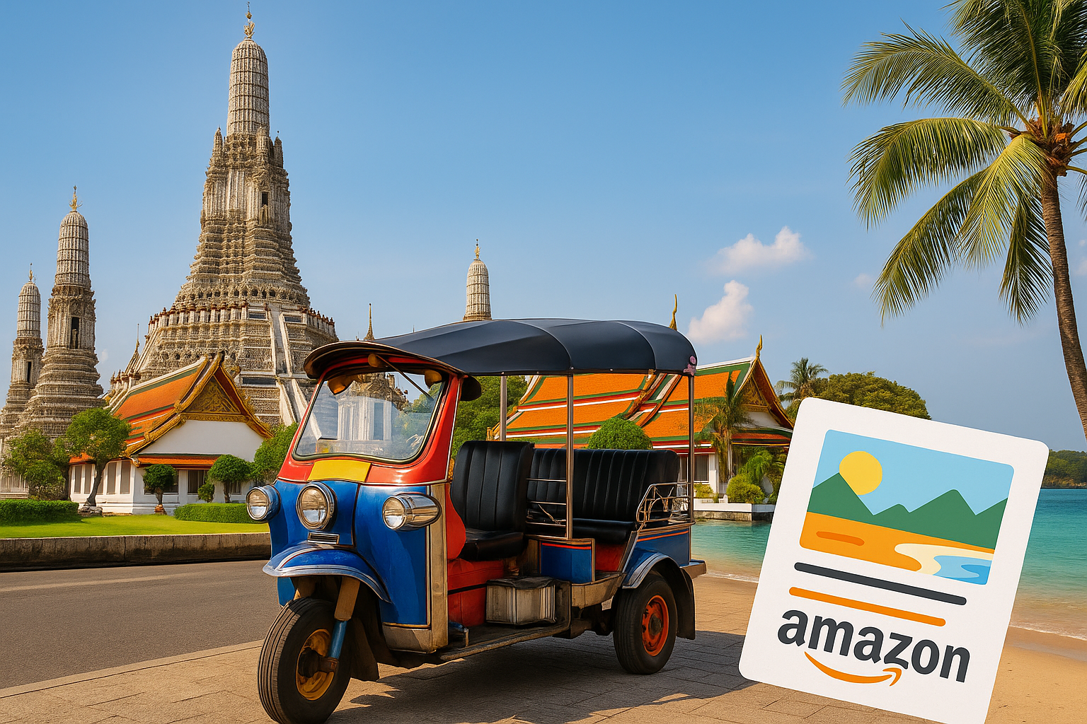 タイの観光地を背景に、Amazonのチラシを象徴するアイコンが重ねられたイメージ